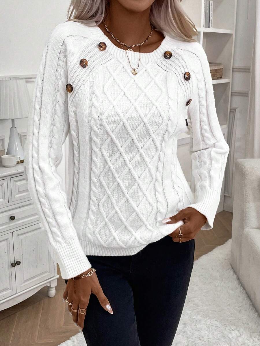 Clara – Button-Detail Cable Knit Jumper