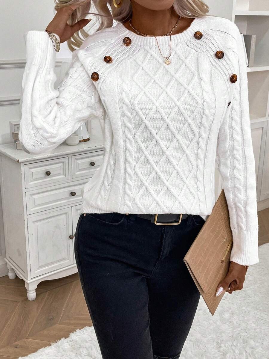 Clara – Button-Detail Cable Knit Jumper