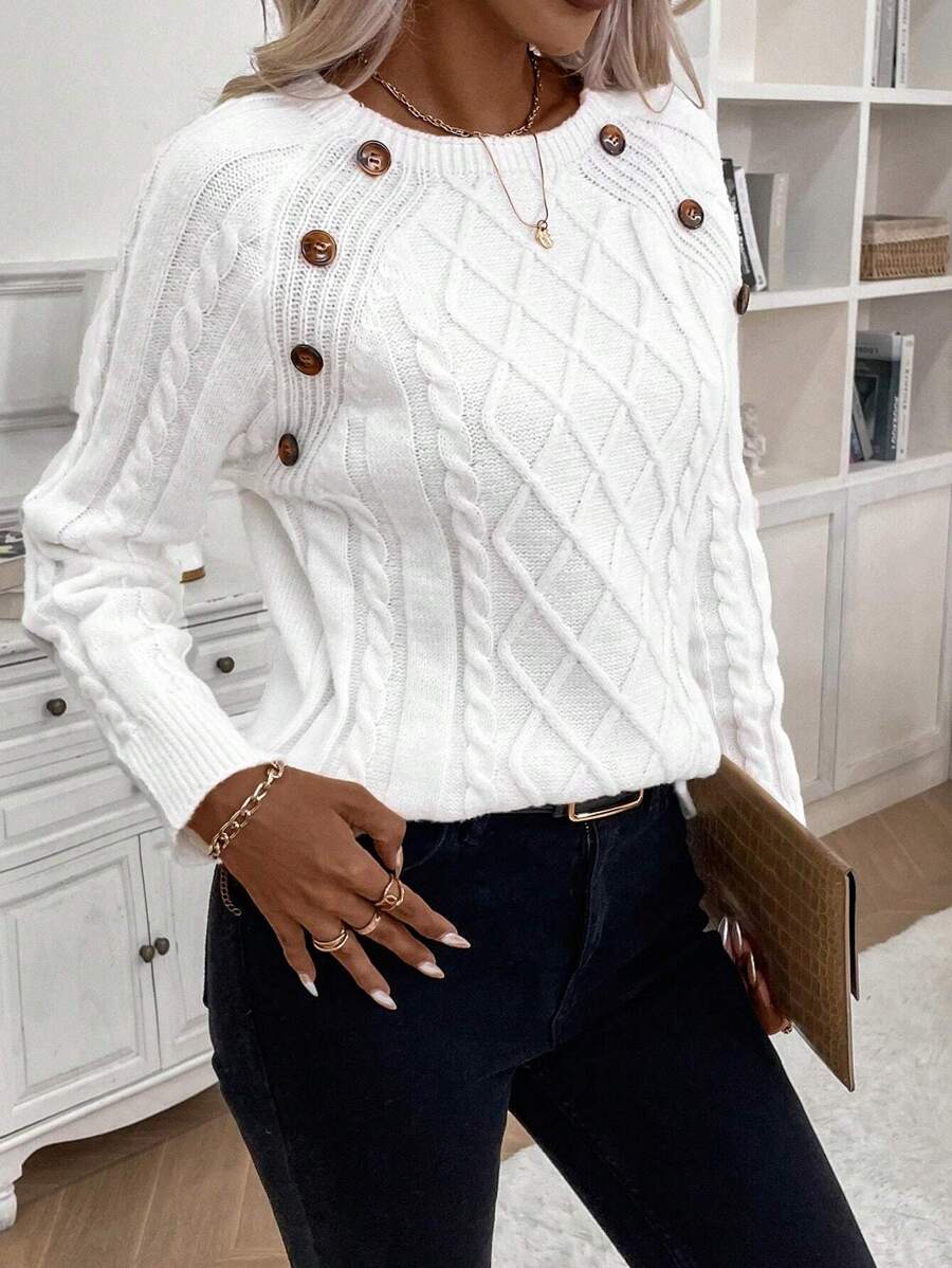 Clara – Button-Detail Cable Knit Jumper