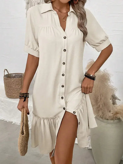 Mina Hem – Ruffled Grace with Button-Down Ease