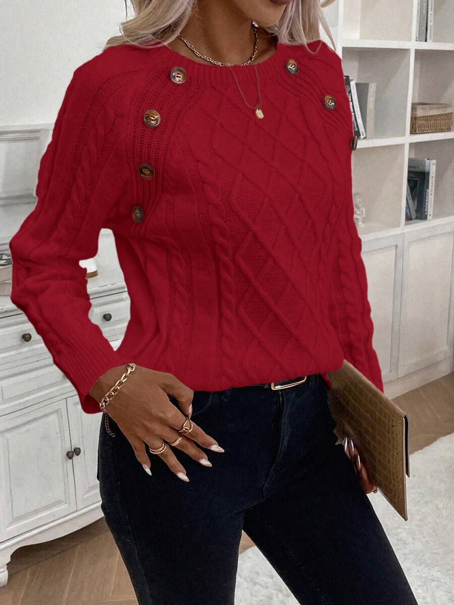 Clara – Button-Detail Cable Knit Jumper