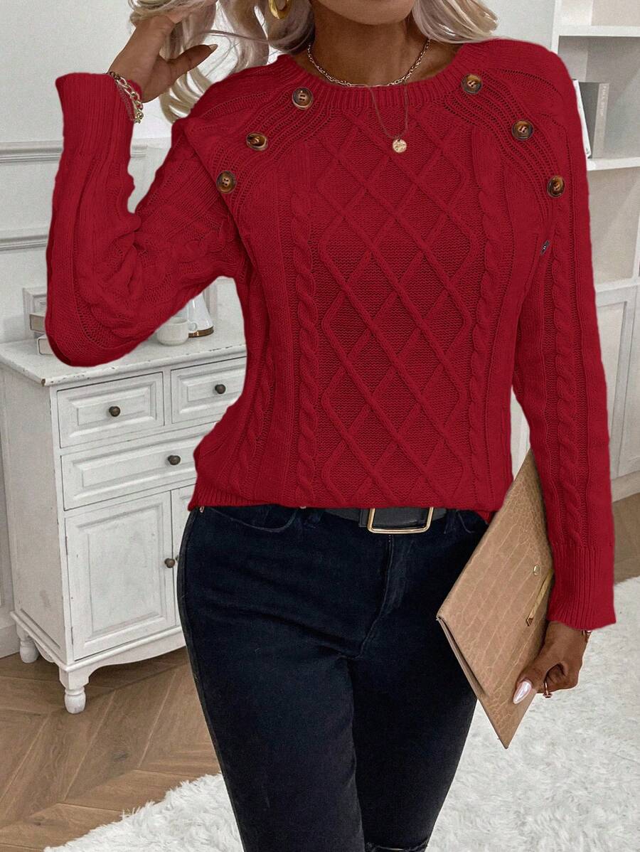 Clara – Button-Detail Cable Knit Jumper
