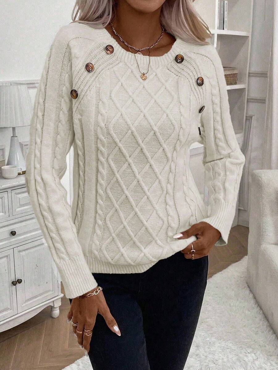 Clara – Button-Detail Cable Knit Jumper