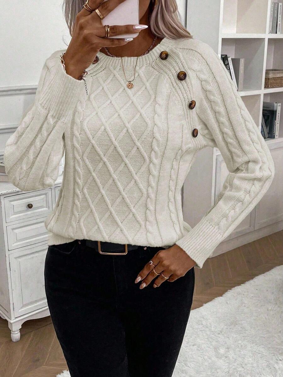 Clara – Button-Detail Cable Knit Jumper
