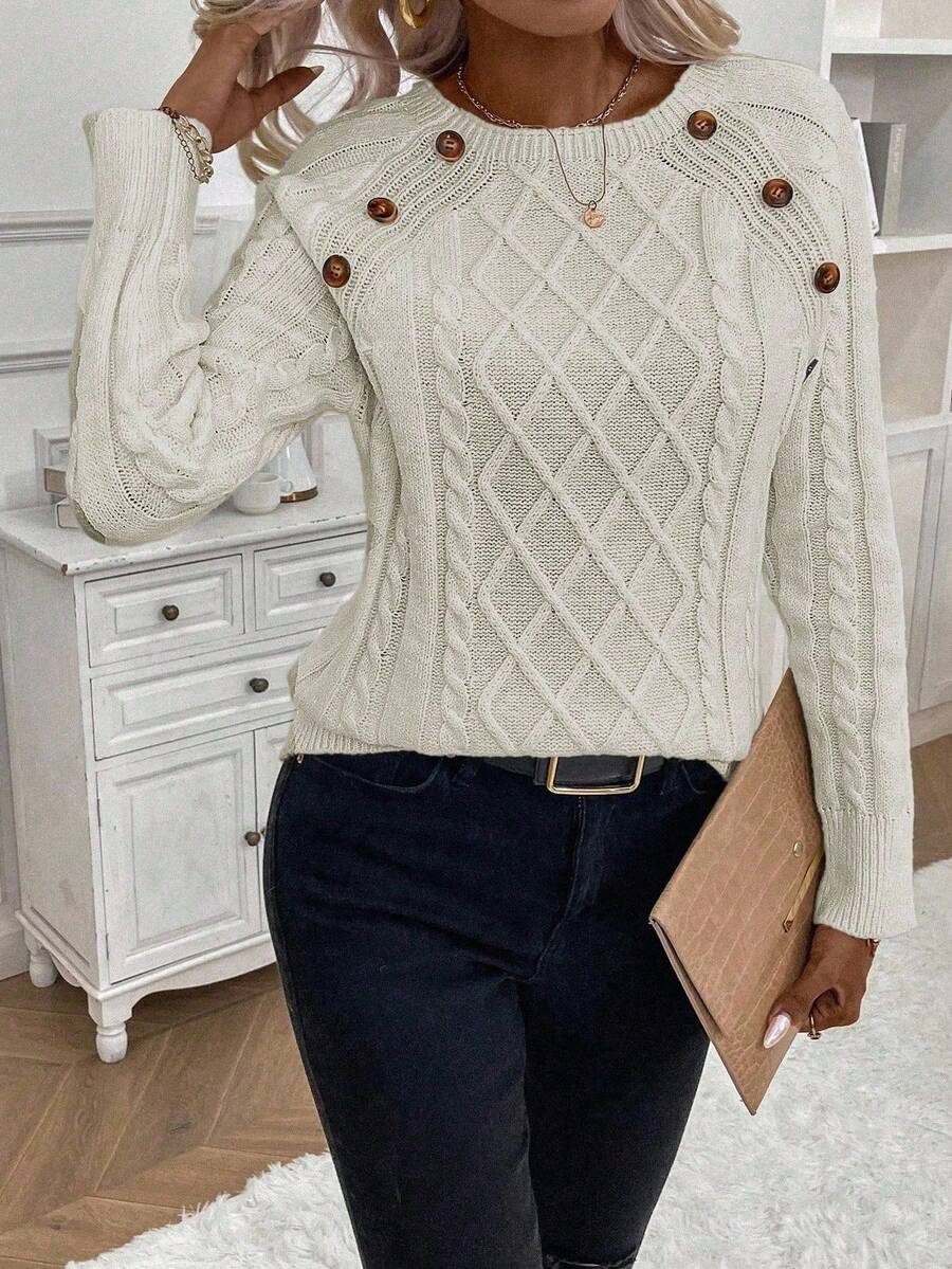 Clara – Button-Detail Cable Knit Jumper