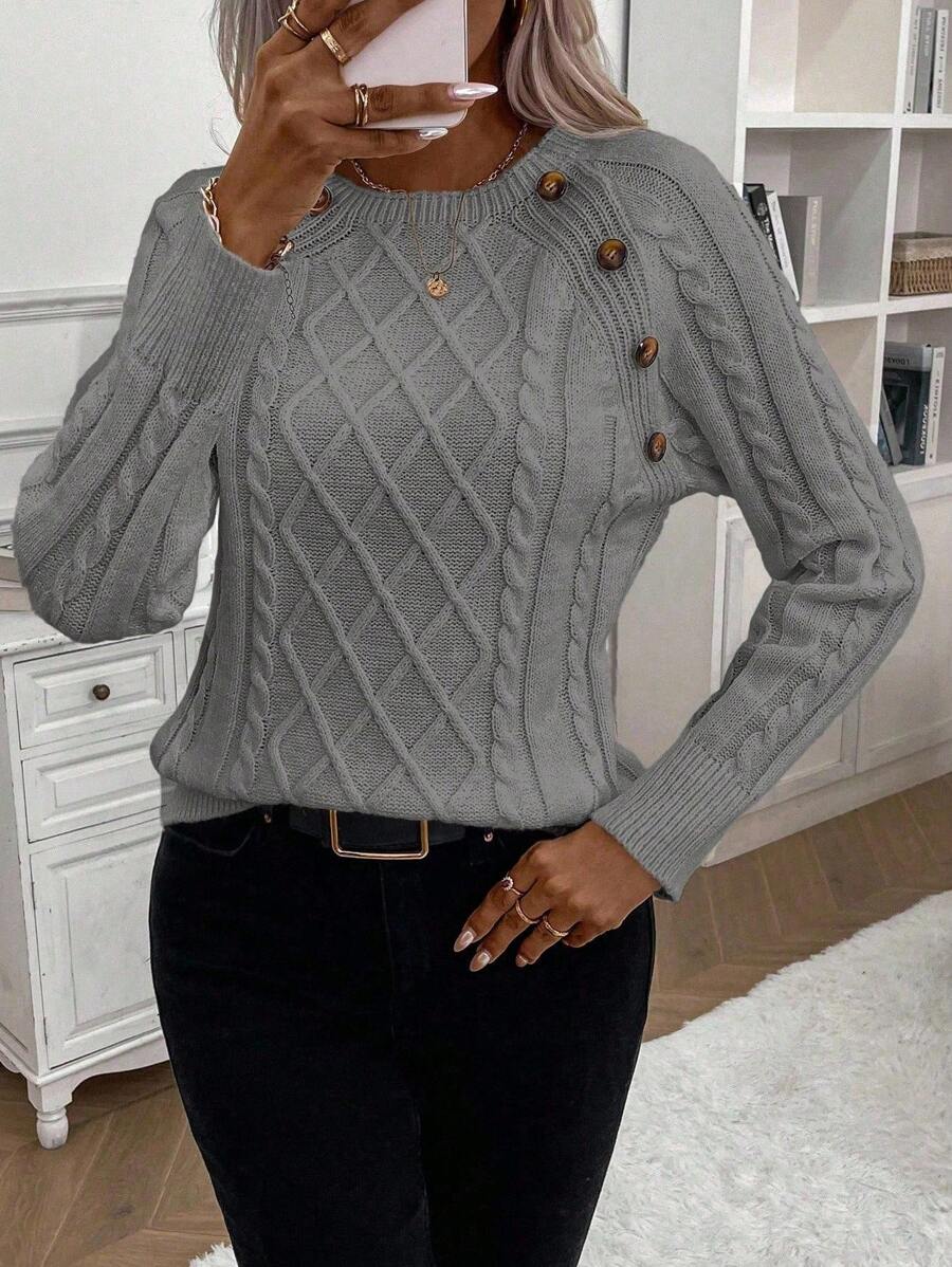 Clara – Button-Detail Cable Knit Jumper