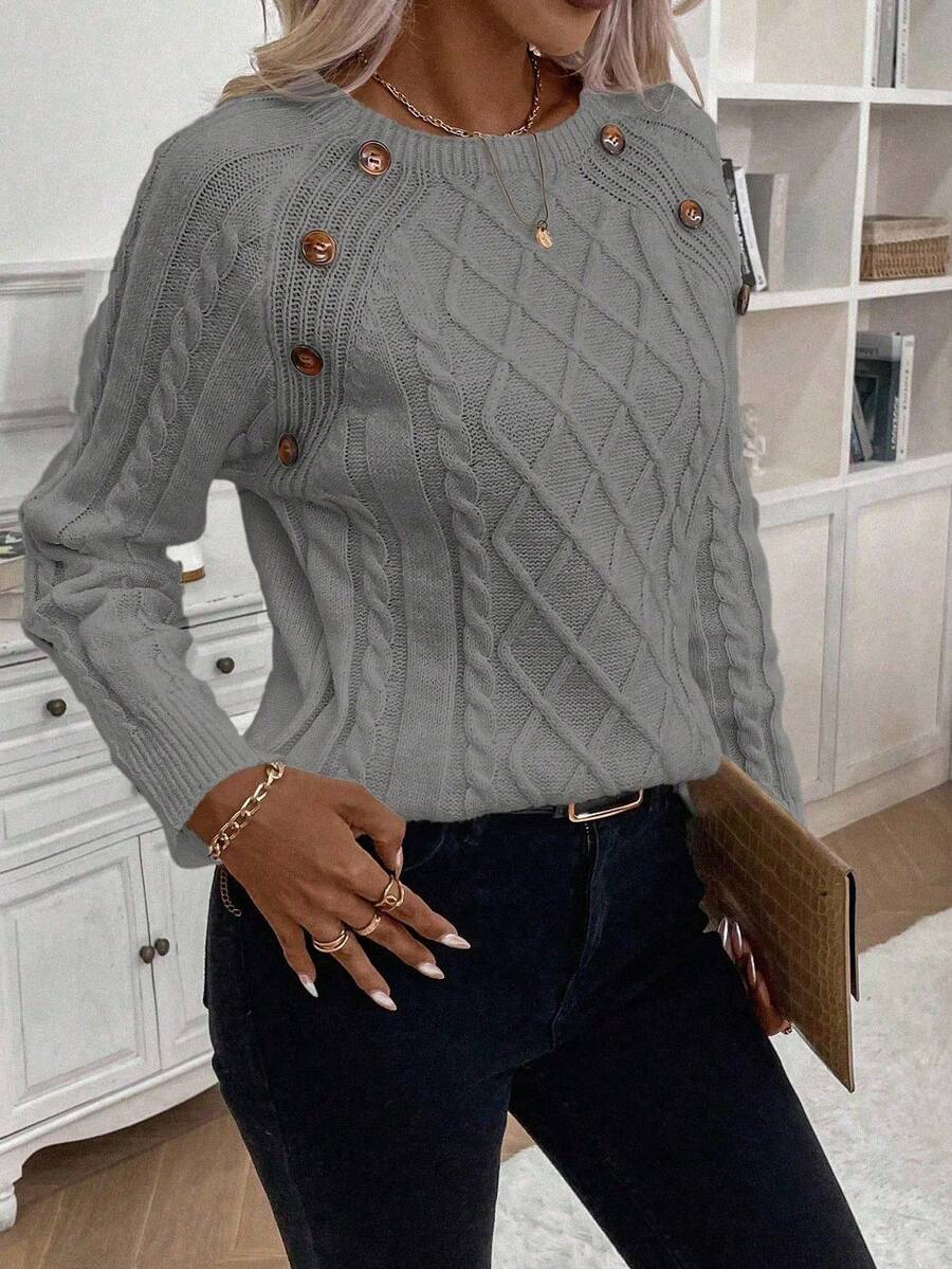 Clara – Button-Detail Cable Knit Jumper