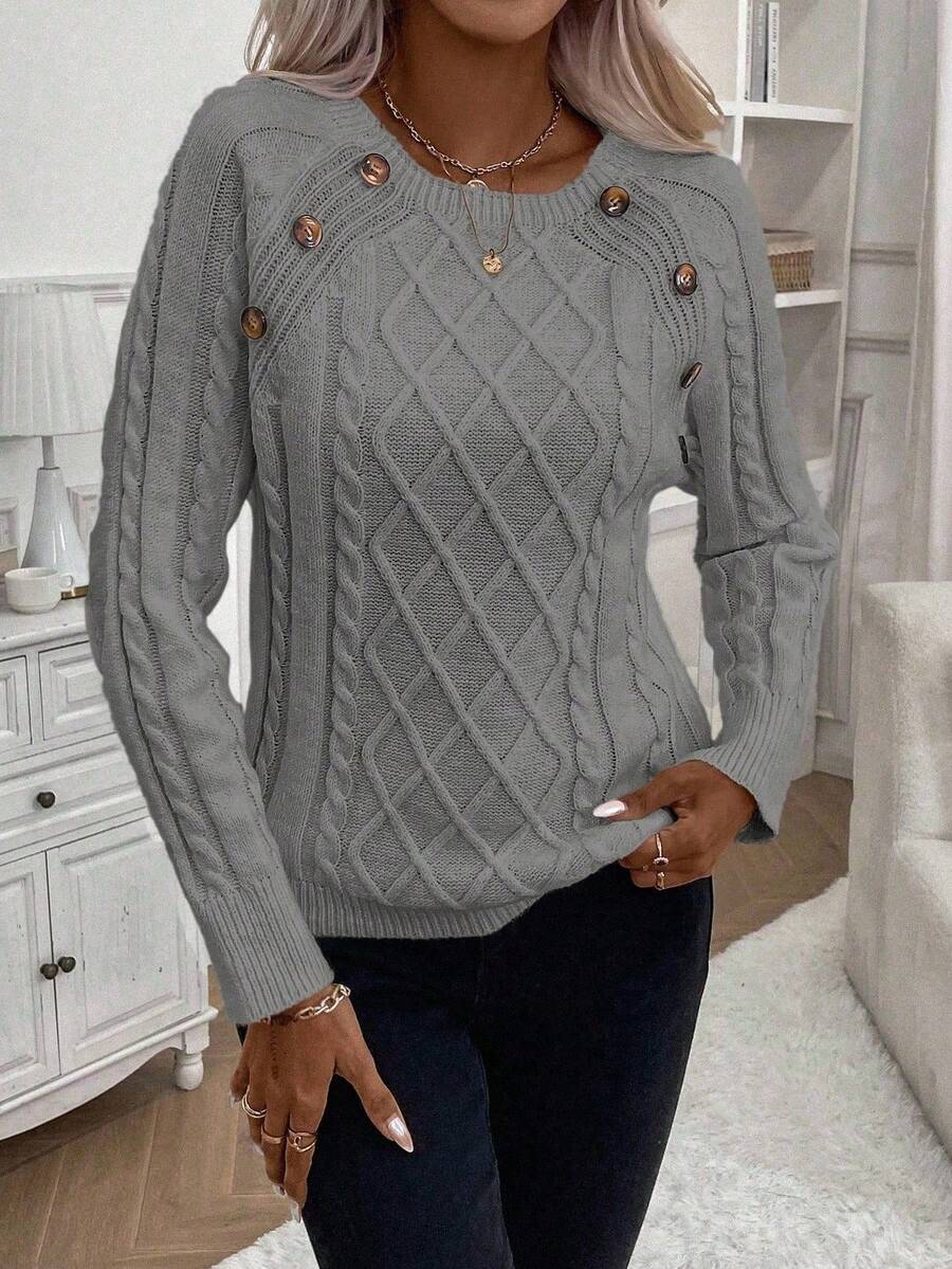 Clara – Button-Detail Cable Knit Jumper