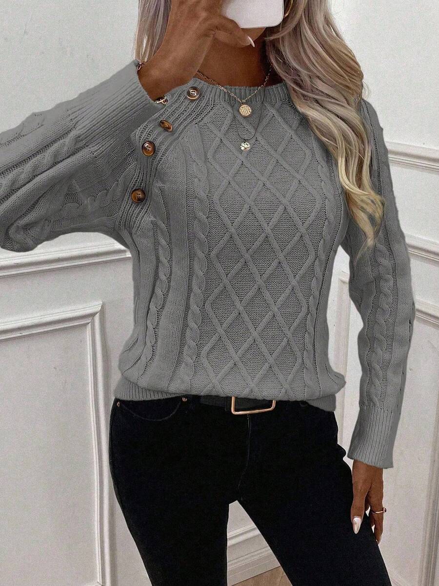Clara – Button-Detail Cable Knit Jumper