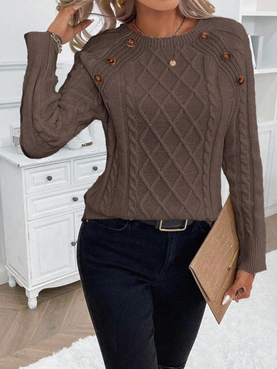 Clara – Button-Detail Cable Knit Jumper