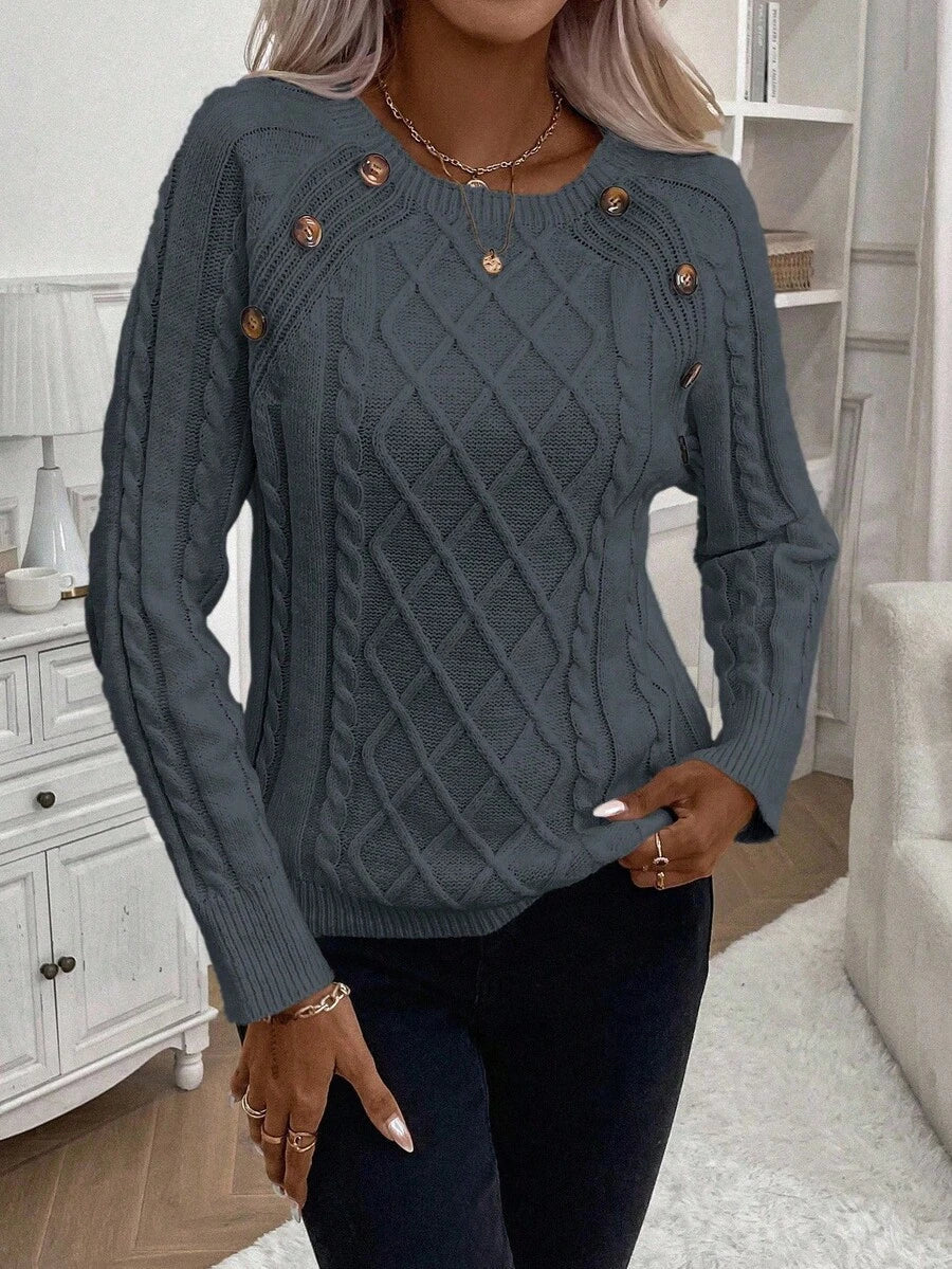 Clara – Button-Detail Cable Knit Jumper