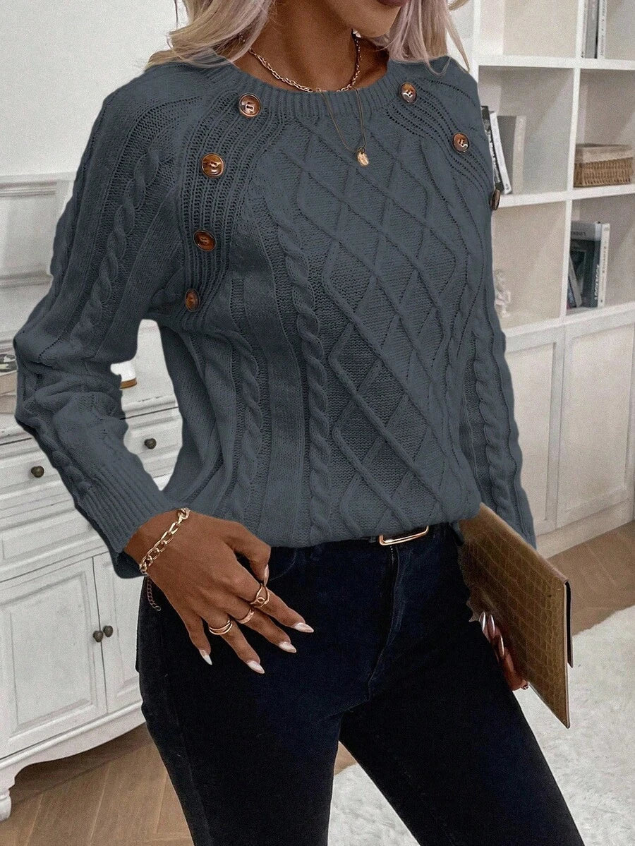 Clara – Button-Detail Cable Knit Jumper