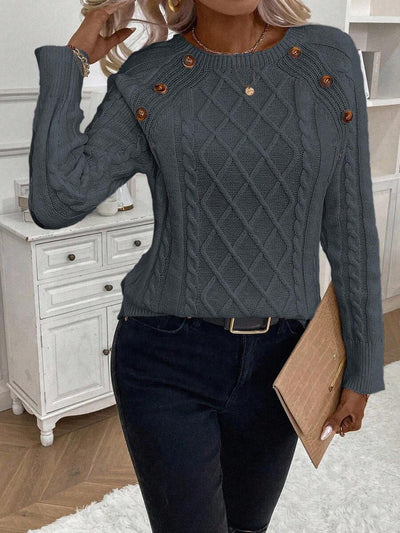 Clara – Button-Detail Cable Knit Jumper