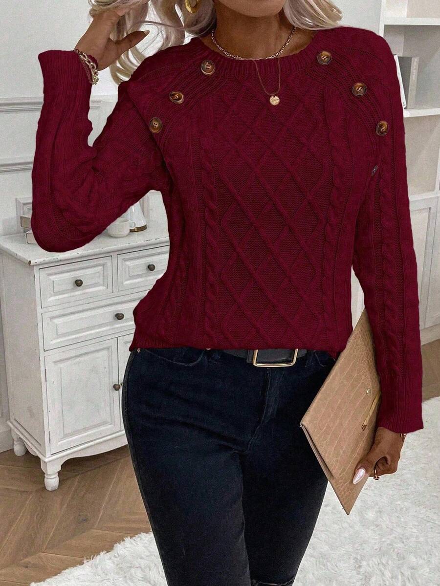 Clara – Button-Detail Cable Knit Jumper