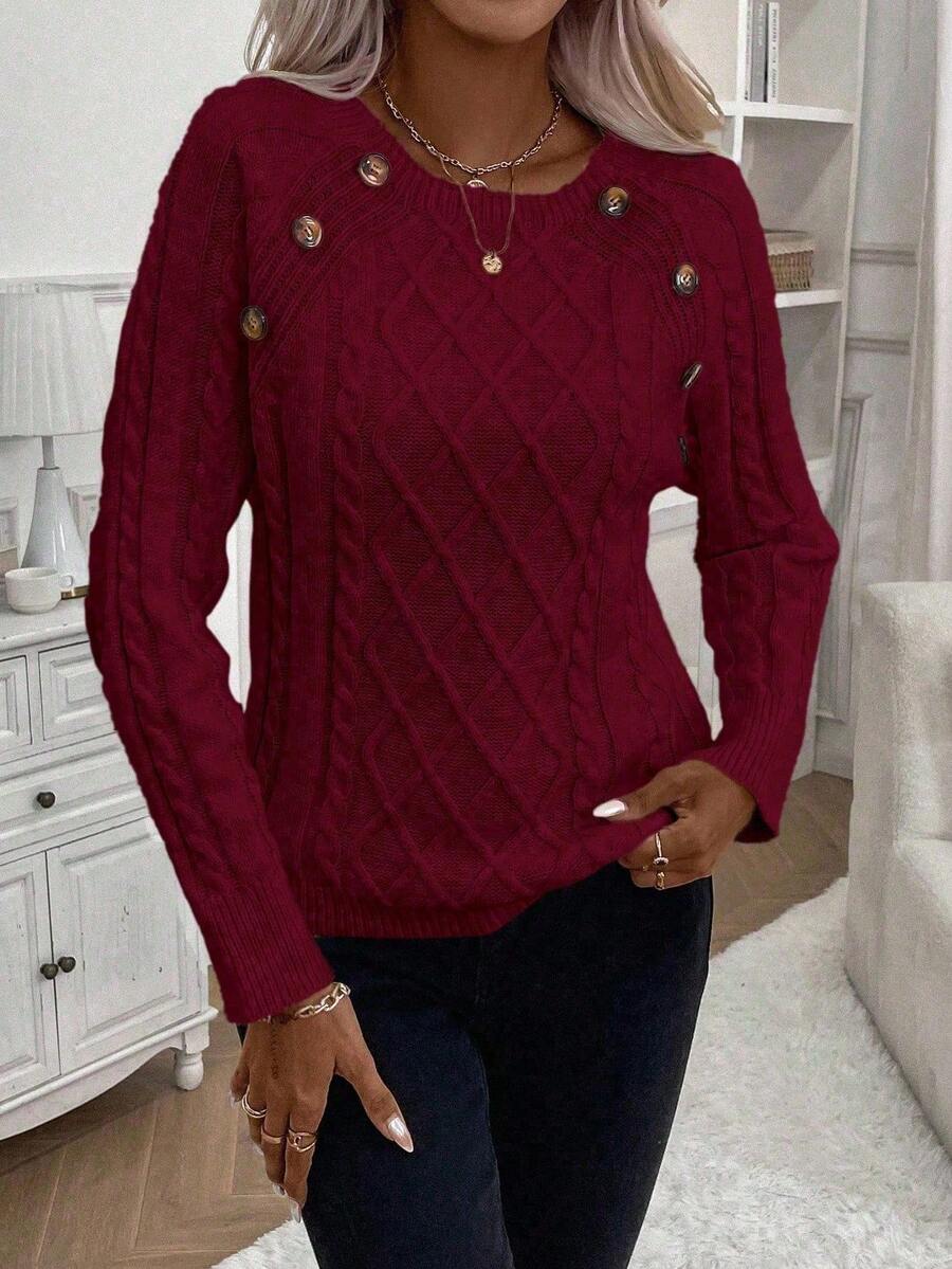 Clara – Button-Detail Cable Knit Jumper