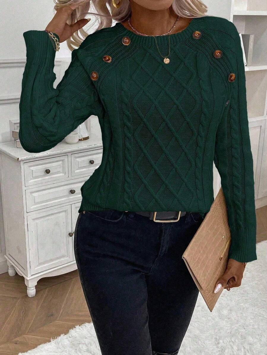 Clara – Button-Detail Cable Knit Jumper
