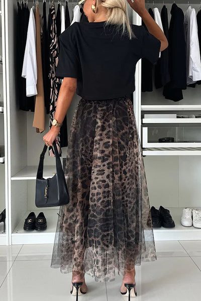 Autumn Jungle - Leopard Print Elastic Waist A-line Maxi Skirt