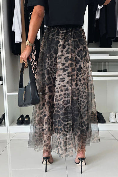 Autumn Jungle - Leopard Print Elastic Waist A-line Maxi Skirt