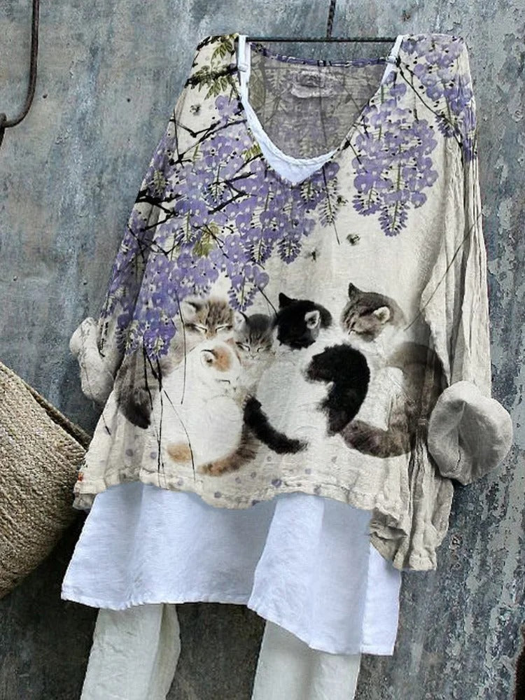 Cute Cat Japanese Art Pattern Cozy Flowy Tunic