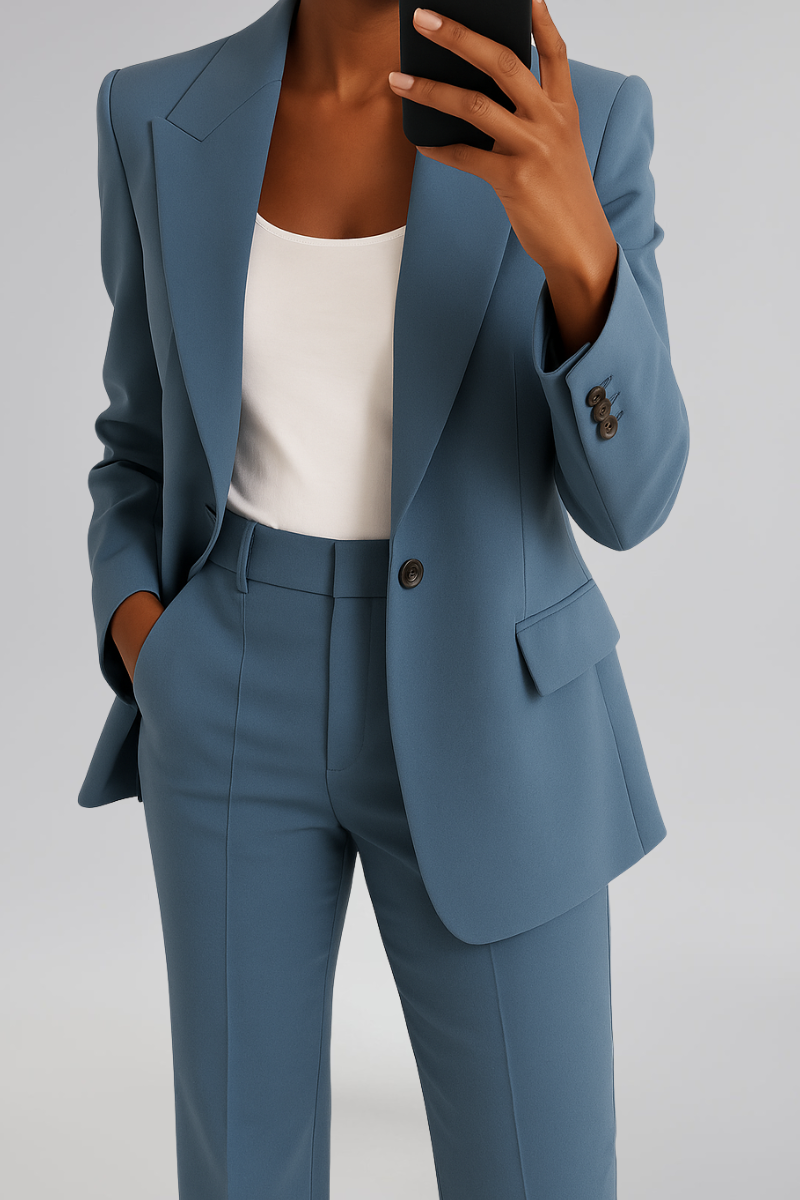 Person wearing a blue suit with a white top on a plain background