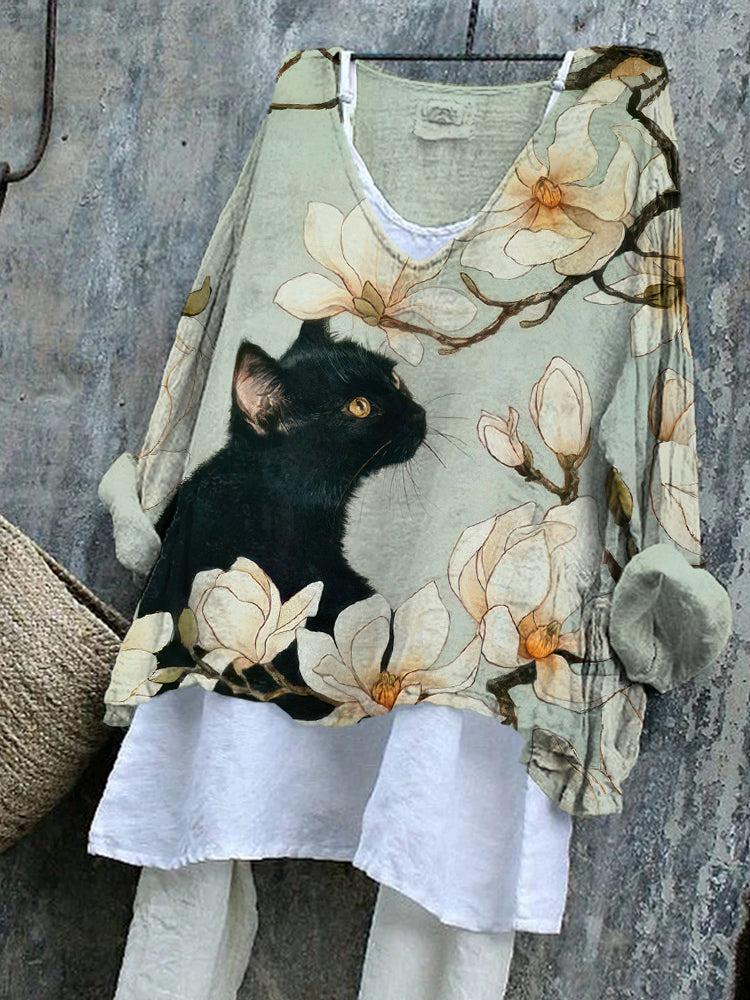 Cute Cat And Flower Japanese Art Pattern Cozy Flowy Tunic
