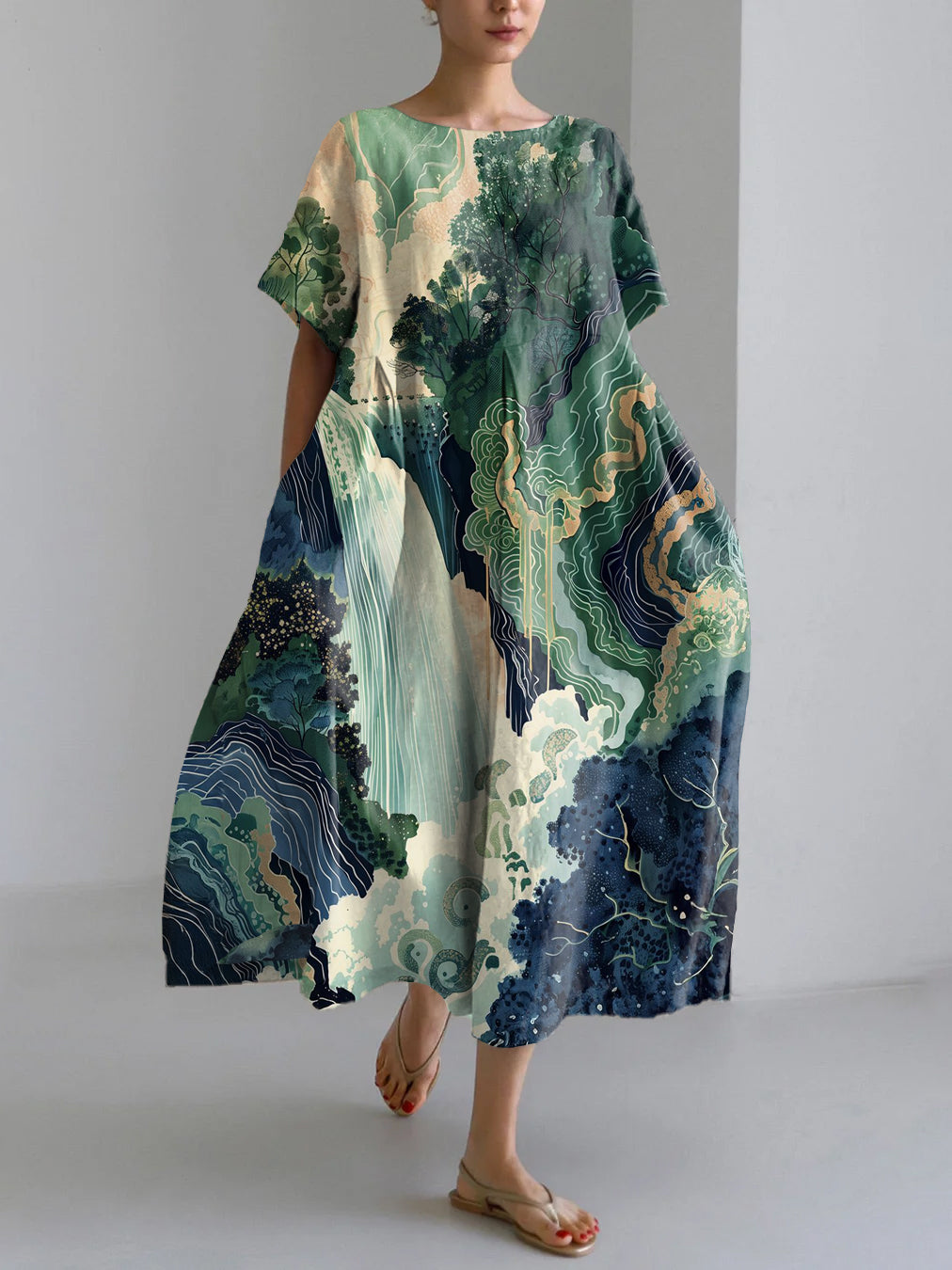 Hokusai Ukiyo-e Japanese Waterfall Art Landscape Print Linen Blend Maxi Dress