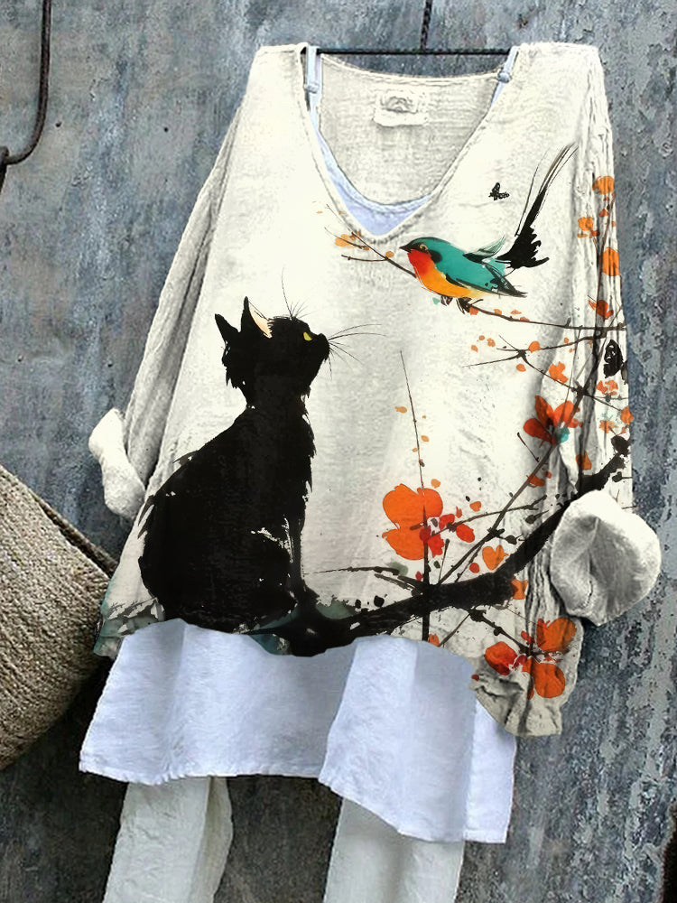 Cute Cat And Bird Japanese Art Pattern Cozy Flowy Tunic
