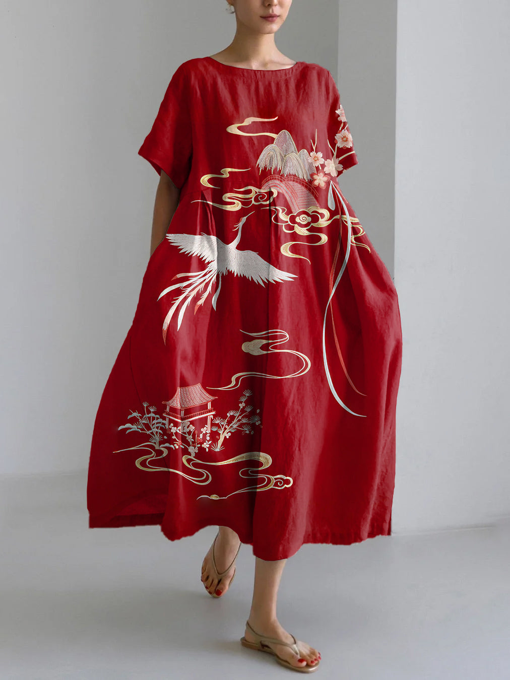 Asian Art Phoenix Print Linen Blend Maxi Dress