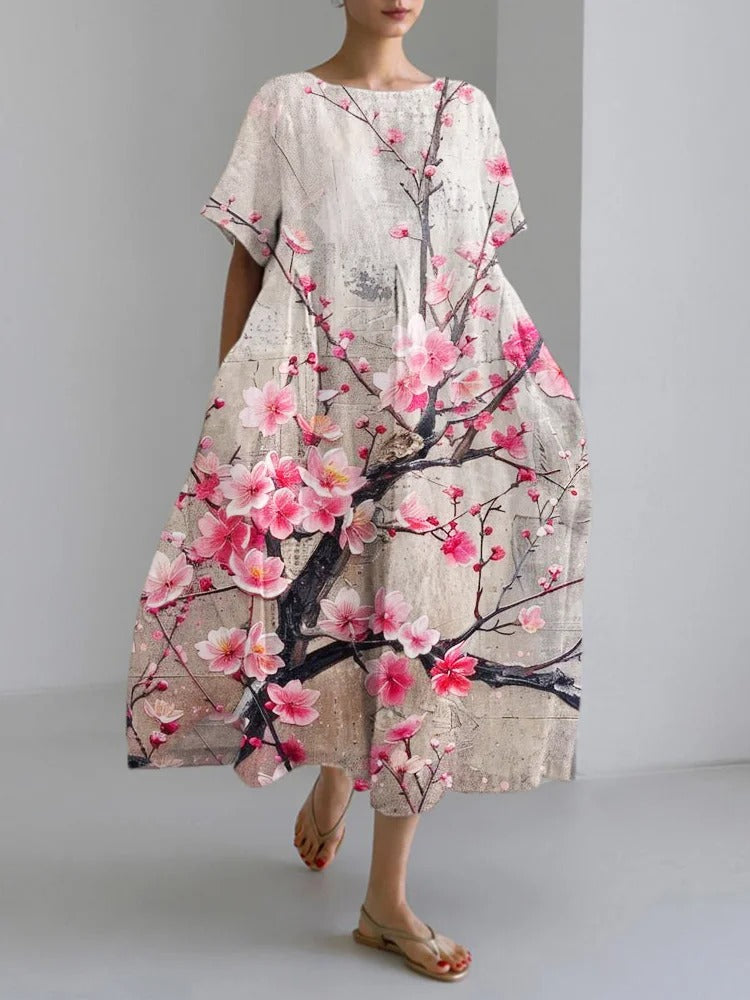 Cherry Blossom - Festival Art Flower Women's Linen Maxi Dress