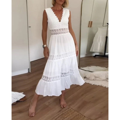 Ninfea – Sleeveless Boho-Style Midi Dress with Lace Details